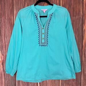 Lilly Pulitzer Popover Shirt Womens XS Aqua Blue Cotton Embroidered Tropical